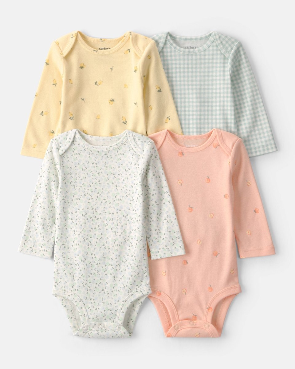 Pack cuatro bodies de algodón, estampados floral y de frutas - Carter's