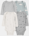 Four-pack of cloud-print bodysuits in ivory and grey