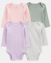 Four-pack of bodysuits in lilac, pink, green, and gray