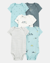 Pack of five short-sleeved bodysuits with whale, stripe and bus print