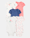 Pack of five short-sleeved bodysuits in pink and grey with floral print