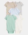Pack of five long-sleeved bodysuits in green, grey and blue
