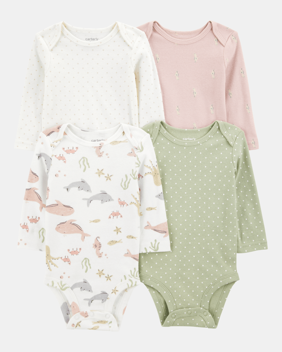 Pack de cuatro bodies de manga larga con estampado acuático, lunares y caballito de mar - Carter's