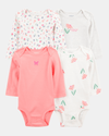 Pack of four long-sleeved bodysuits in pink and grey with floral print