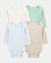 Pack of four long-sleeved bodysuits in green, grey and blue