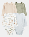 Pack of four long-sleeved bodysuits in green and blue with a safari print
