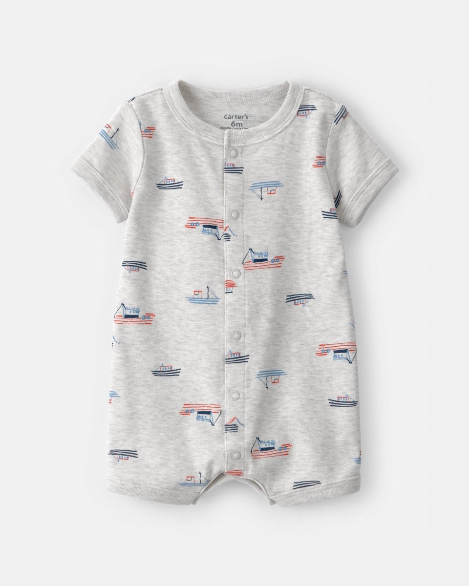 🎁 Pelele corto de algodón, diseño barcos gris (100% off) - Carter's