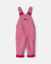 Hickory stripe overalls with knit lining, red and white