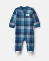 Pijama de polar con pie, osos de cuadros en azul