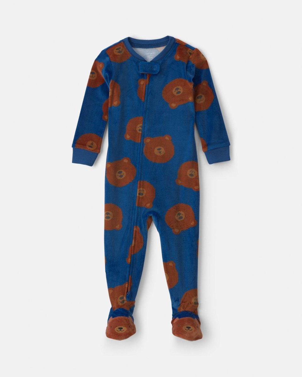 Pijama de terciopelo con pie, osos en azul marino - Carter's