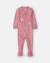 Velour footed pajamas, solid pink with patch