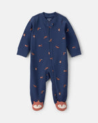 Pijama de una pieza de algodón con pie, zorro azul marino
