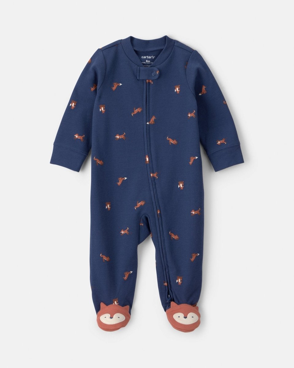 Pijama de una pieza de algodón con pie, zorro azul marino