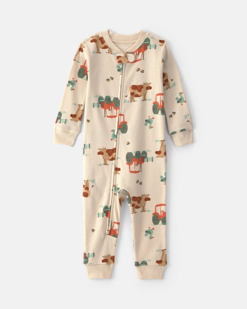 Footless cotton sleep and play, farm in beige