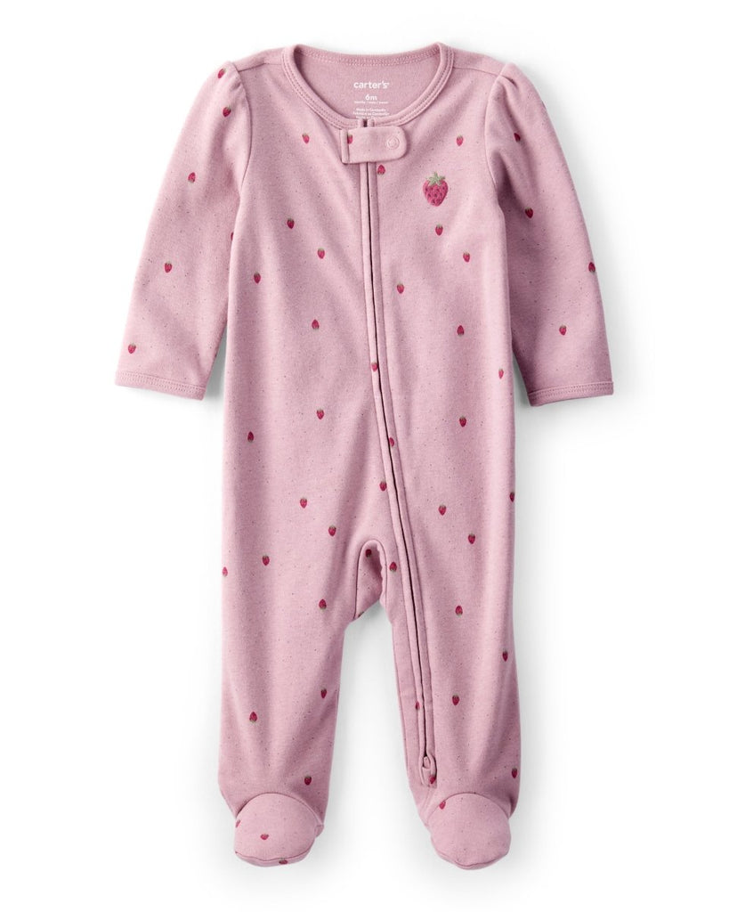 Pijama enterizo interlock rosa con estampado de fresas para bebé niña - Carter's