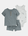 Three-piece cotton set, shorts, Henley T-shirt and bodysuit, gray