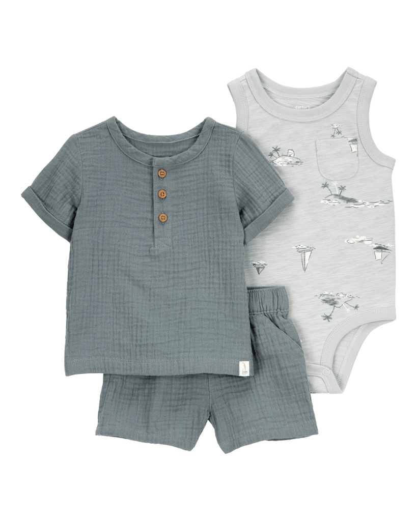 Set tres piezas de algodón, pantalón corto, camiseta henley y body, gris - Carter´s