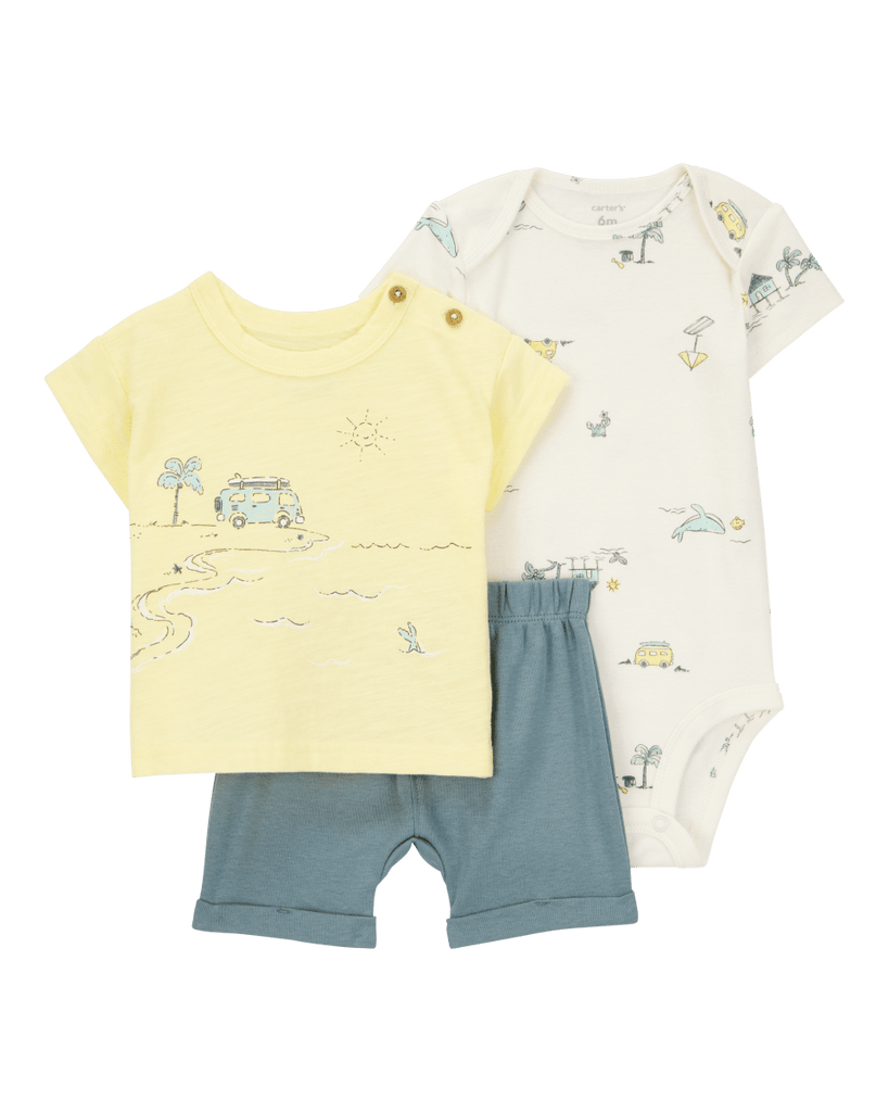 Set tres piezas de algodón, pantalón corto, camiseta y body, diseño playa - Carter´s